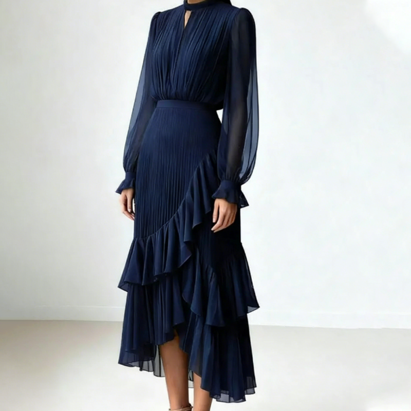Cadence | Dames A-Lijn Midi Jurk – Elegante Geplooide Jurk met Soepelvallende Pasvorm