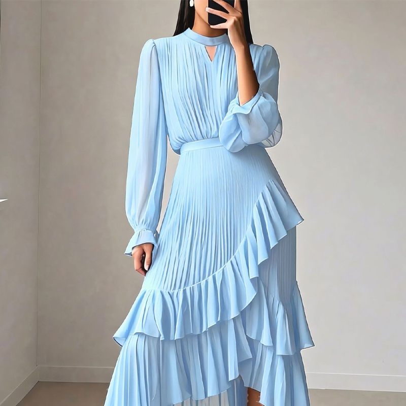 Cadence | Dames A-Lijn Midi Jurk – Elegante Geplooide Jurk met Soepelvallende Pasvorm