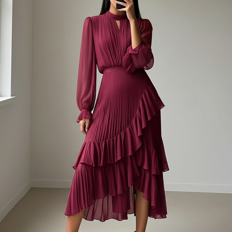 Cadence | Dames A-Lijn Midi Jurk – Elegante Geplooide Jurk met Soepelvallende Pasvorm
