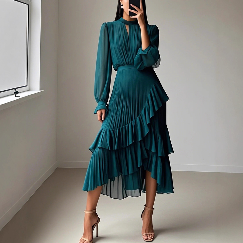 Cadence | Dames A-Lijn Midi Jurk – Elegante Geplooide Jurk met Soepelvallende Pasvorm