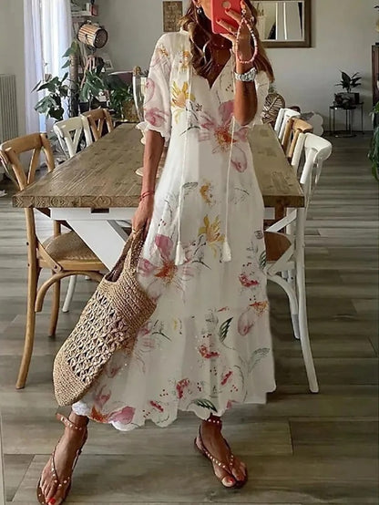 Scarlett | Boho Bloemen Maxi Jurk voor Dames – Vintage Stijl Halflange Mouwen Luchtige Jurk