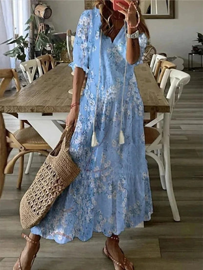 Scarlett | Boho Bloemen Maxi Jurk voor Dames – Vintage Stijl Halflange Mouwen Luchtige Jurk