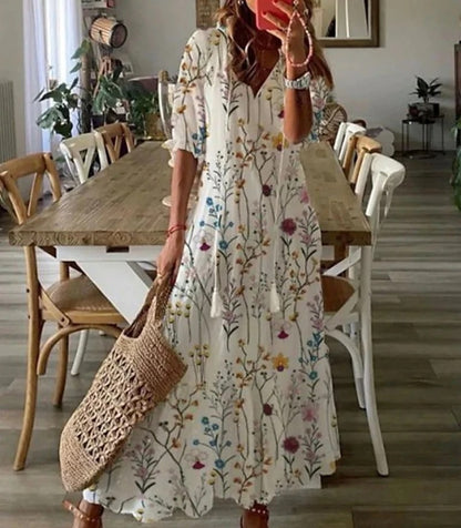 Scarlett | Boho Bloemen Maxi Jurk voor Dames – Vintage Stijl Halflange Mouwen Luchtige Jurk