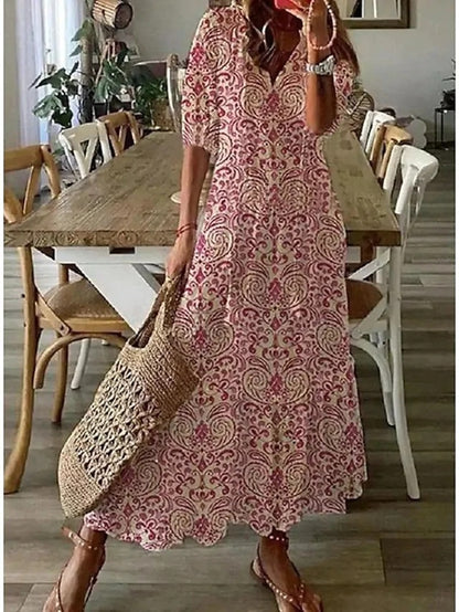 Scarlett | Boho Bloemen Maxi Jurk voor Dames – Vintage Stijl Halflange Mouwen Luchtige Jurk