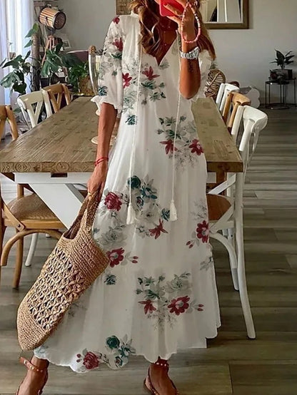 Scarlett | Boho Bloemen Maxi Jurk voor Dames – Vintage Stijl Halflange Mouwen Luchtige Jurk