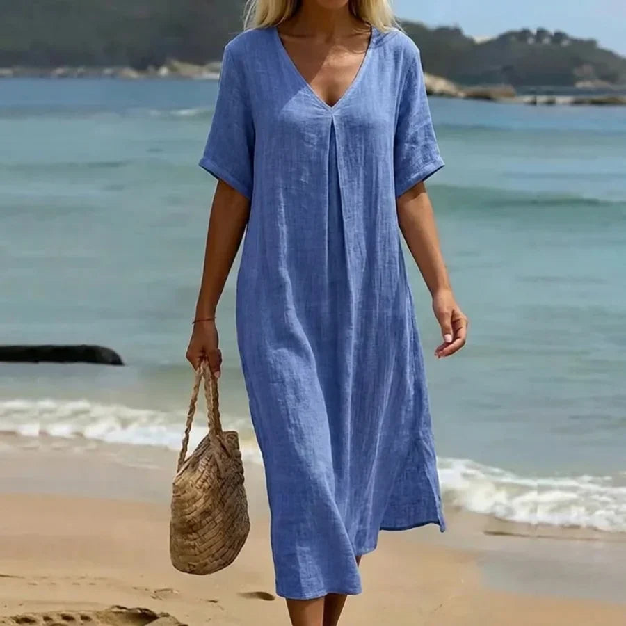 Annalise | Dames Casual Midi Jurk – Elegante V-Hals met Vloeiende Pasvorm