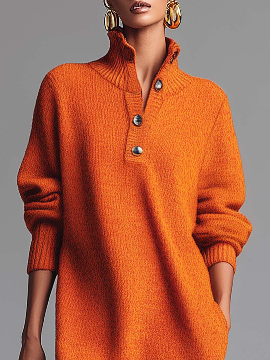 Olenka | Zachte gebreide midi-jurk voor dames – Gebreid met hoge kraag en knopen, casual elegante