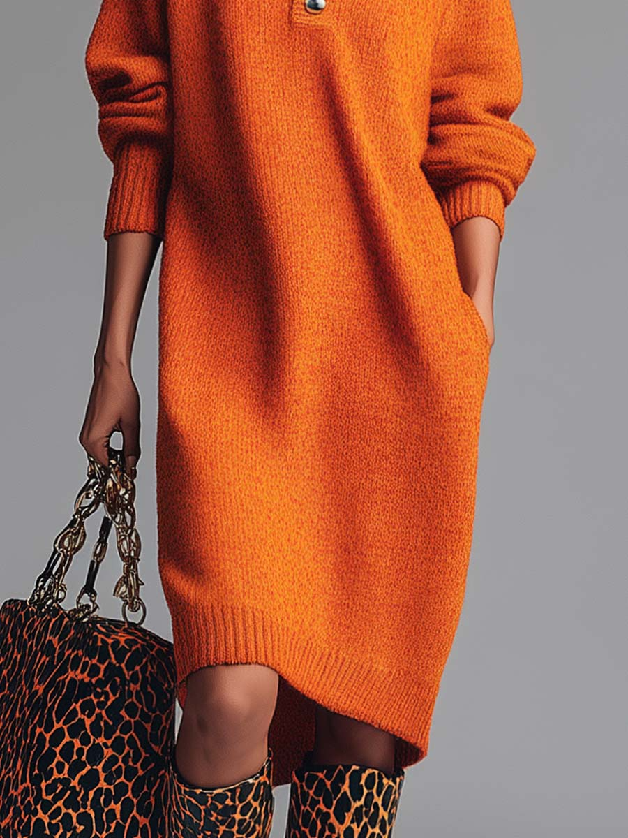 Olenka | Zachte gebreide midi-jurk voor dames – Gebreid met hoge kraag en knopen, casual elegante