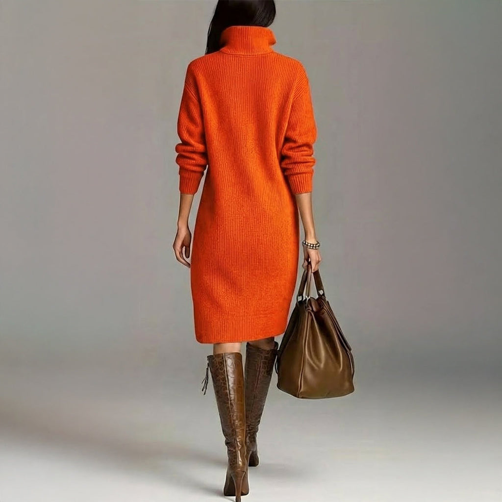 Olenka | Zachte gebreide midi-jurk voor dames – Gebreid met hoge kraag en knopen, casual elegante