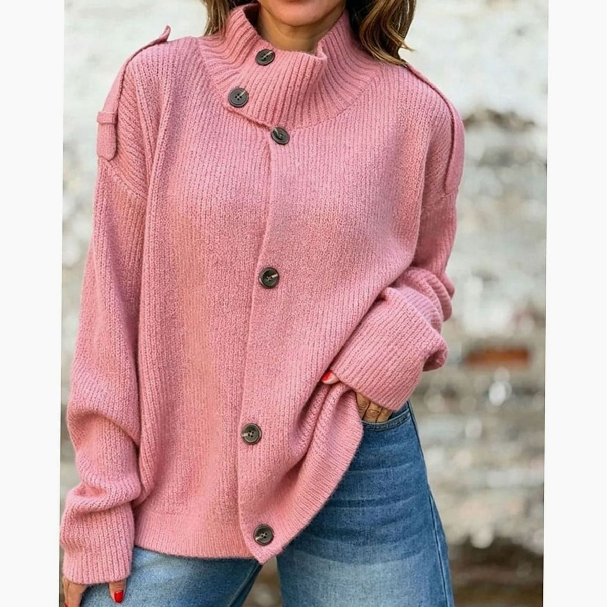 Mairin | Oversized gebreid vest voor dames met knoopsluiting aan de voorkant en opstaande kraag
