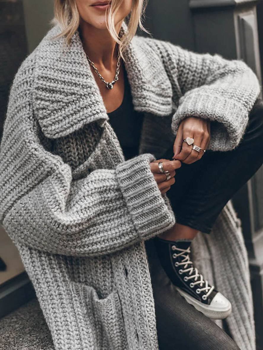 Wendela | Oversized, grofgeribd, lang model damesvest met reverskraag